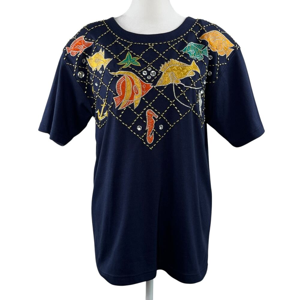 Vintage 90s Victoria Harbour Tropical Fish Sequin Applique T-Shirt Navy Blue S